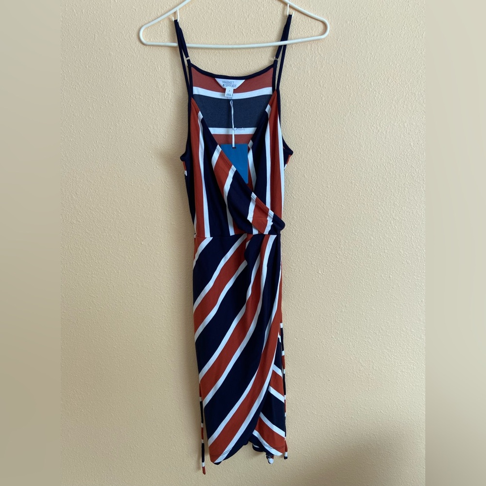 Women’s Market & Spruce Faux Wrap Striped Dress in Navy, and Rust, Size Small
